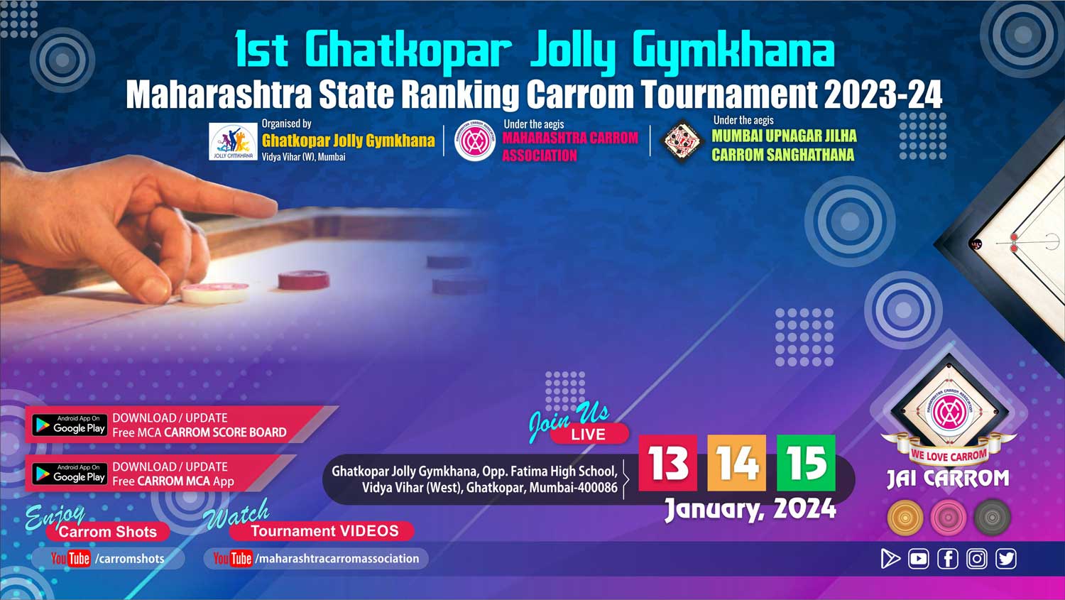 1st Ghatkopar Jolly Gymkhana Maharashtra State Ranking Carrom Tournament 2023-24